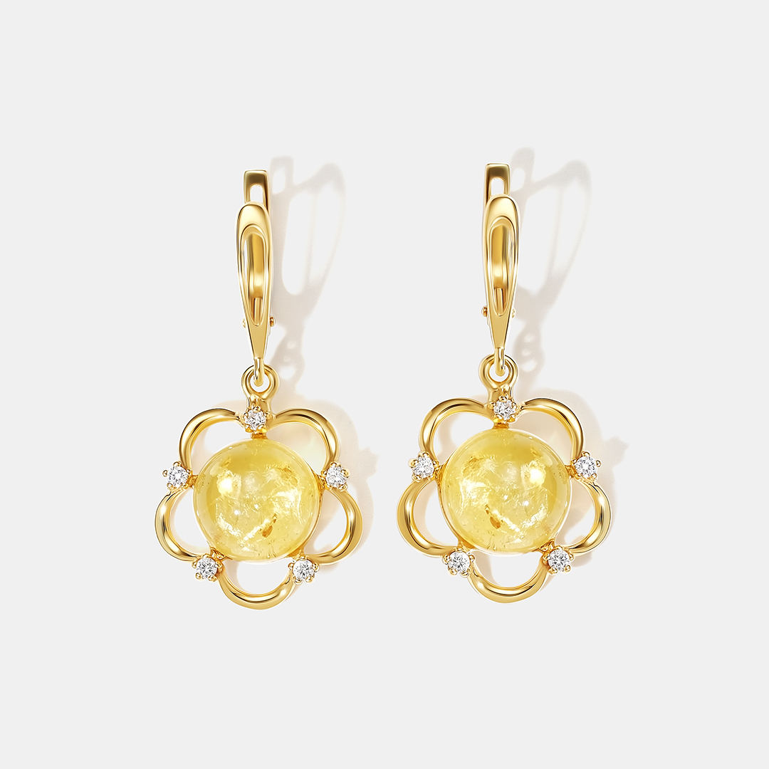 Серебряные серьги с янтарем "Цветы"