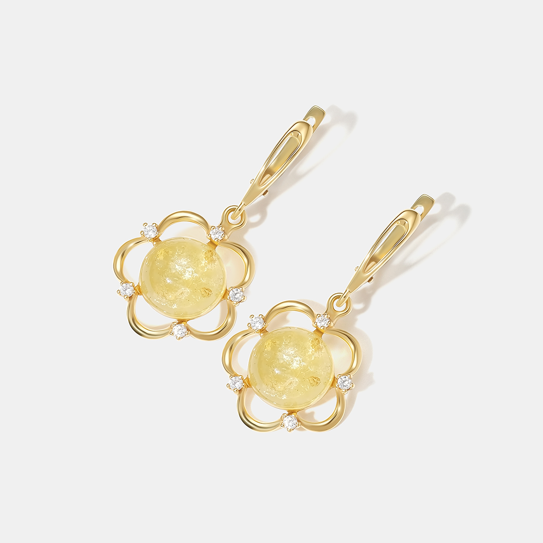 Серебряные серьги с янтарем "Цветы"