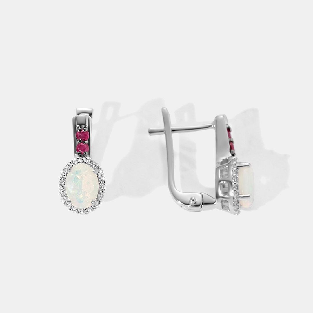 Серебряные серьги с опалами и рубинами