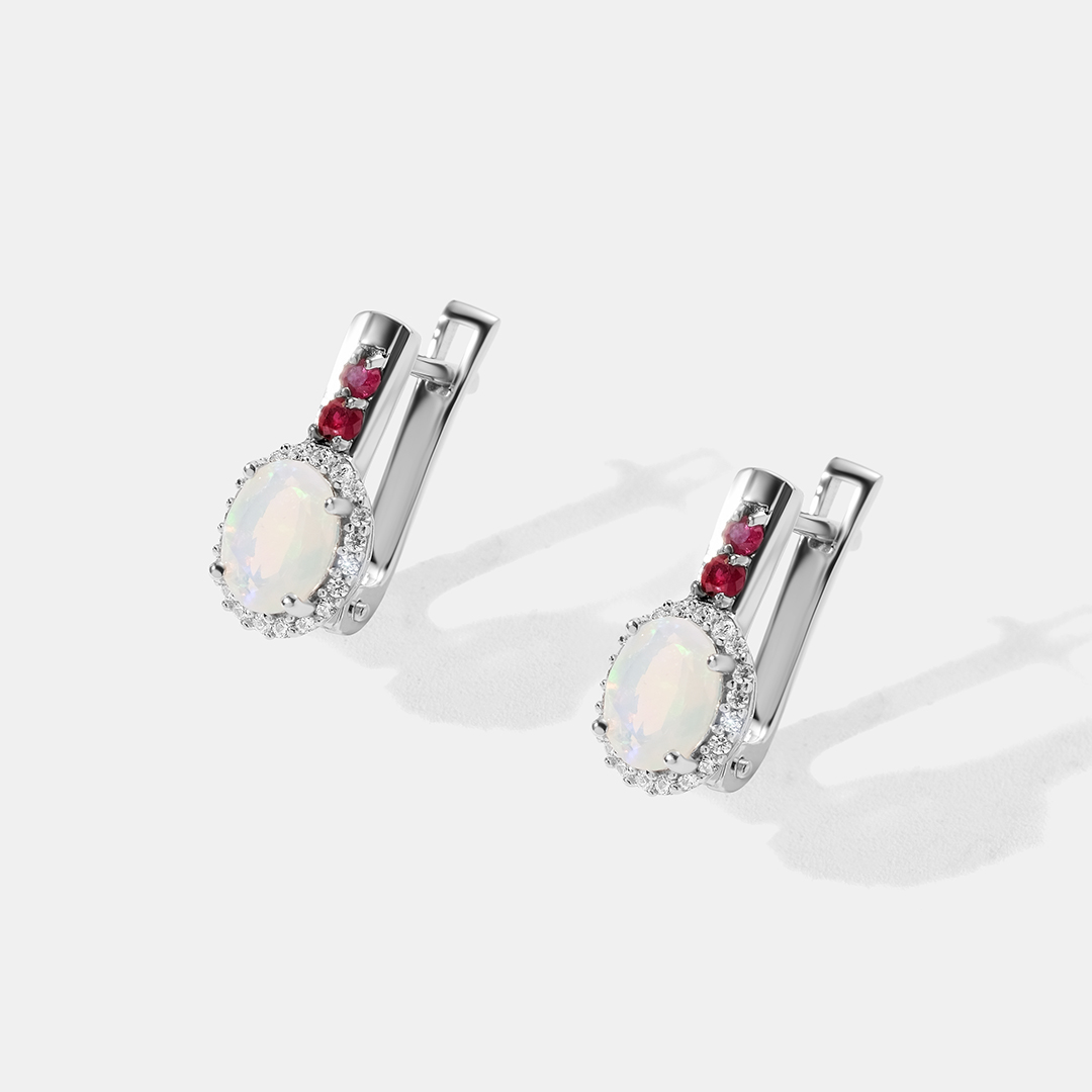 Серебряные серьги с опалами и рубинами