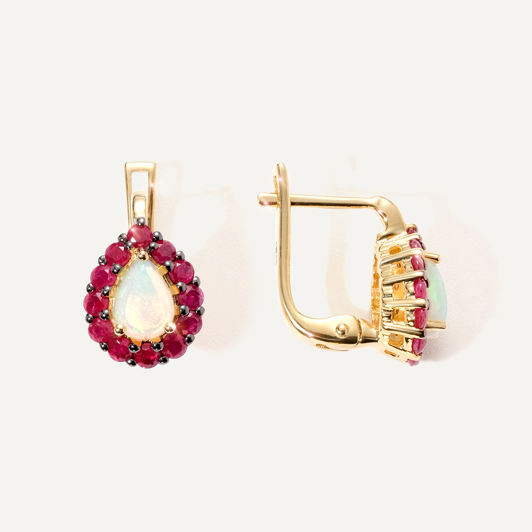 Серебряные серьги с опалами и рубинами