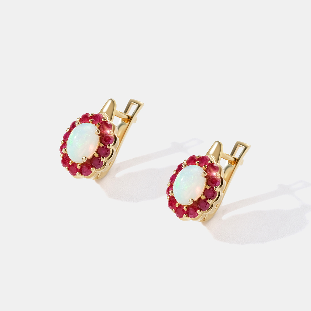 Серебряные серьги с опалами и рубинами "Цветы"