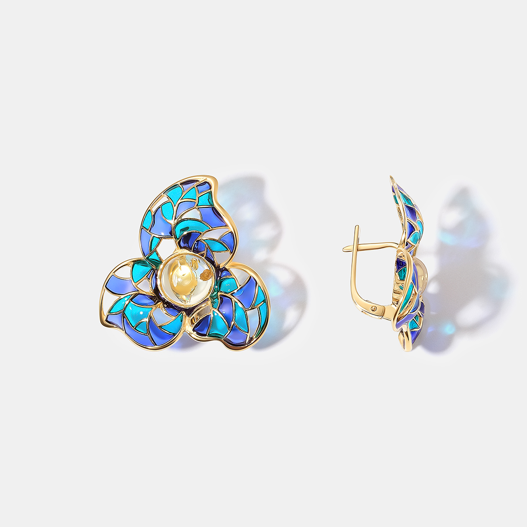 Серебряные серьги с янтарем "Цветы"