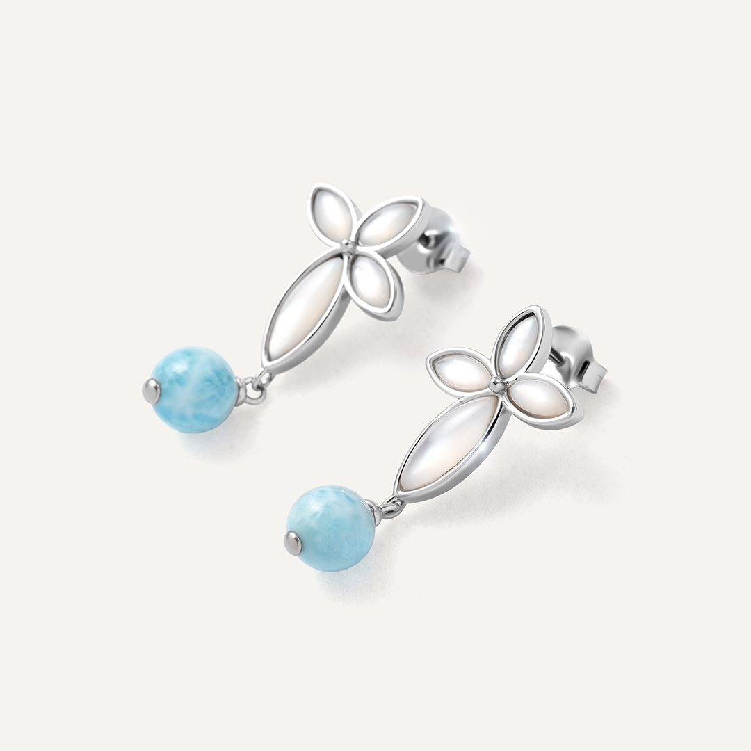 Серебряные серьги-пусеты с ларимарами и перламутром "Цветы"