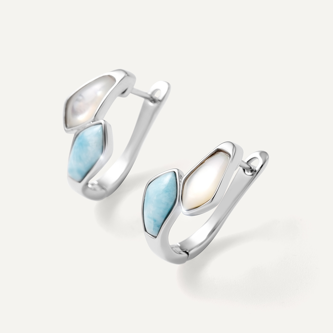 Серебряные серьги с ларимарами и перламутром