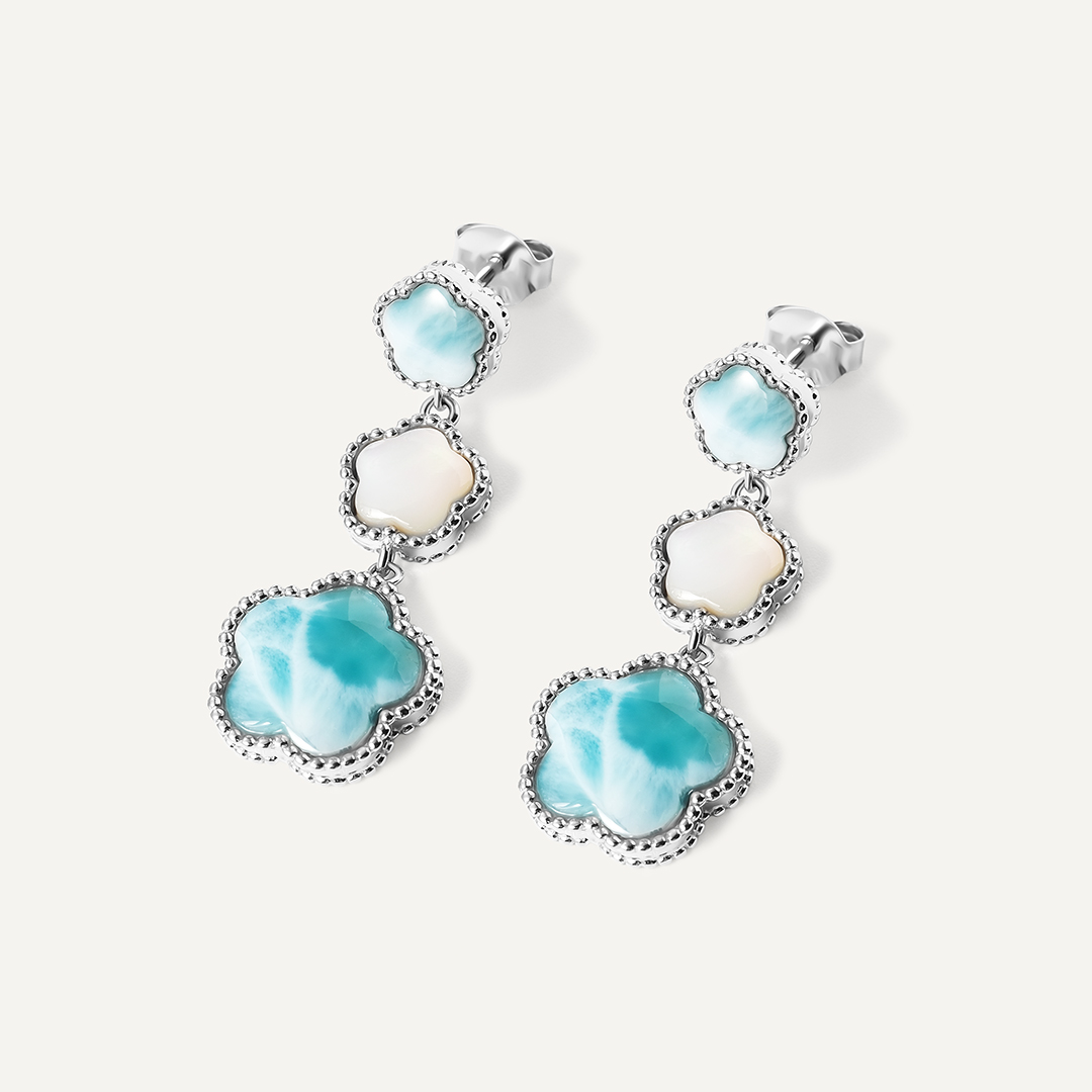 Серебряные серьги-пусеты с ларимарами и перламутром "Цветы"