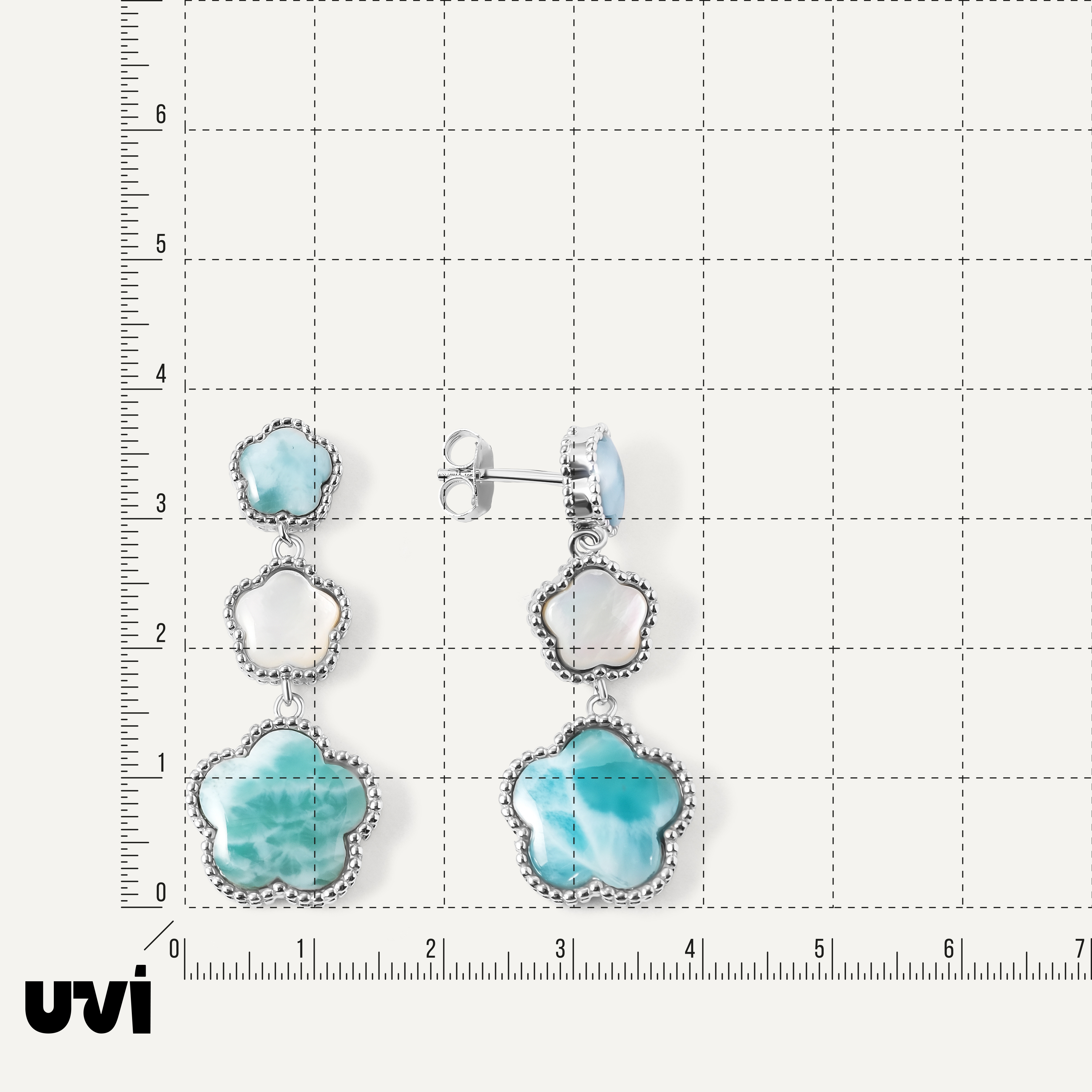 Серебряные серьги-пусеты с ларимарами и перламутром "Цветы"