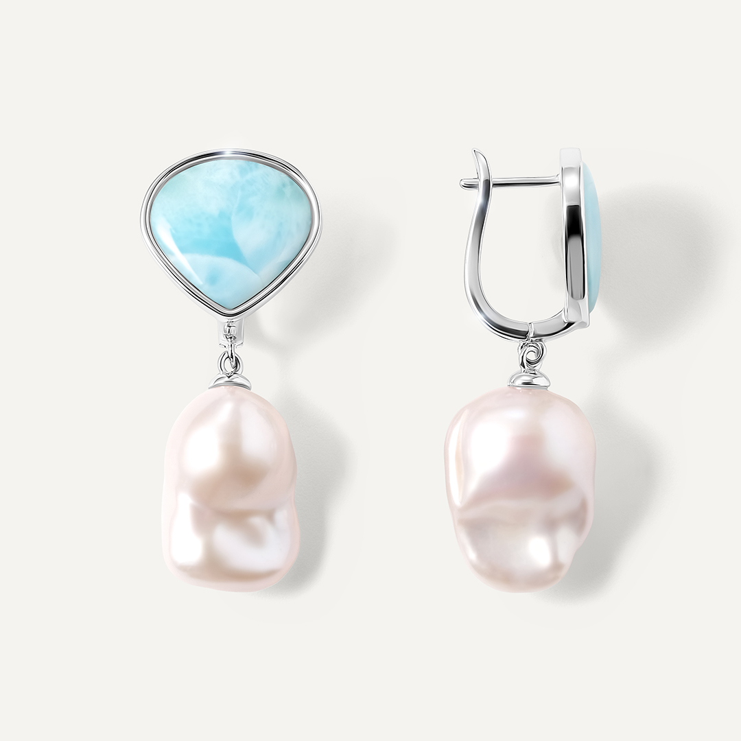 Серебряные серьги с ларимарами и жемчугом Барокко