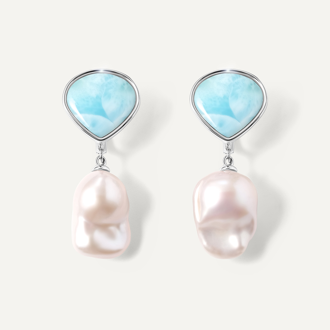 Серебряные серьги с ларимарами и жемчугом Барокко