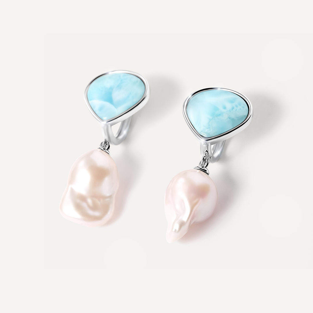 Серебряные серьги с ларимарами и жемчугом Барокко