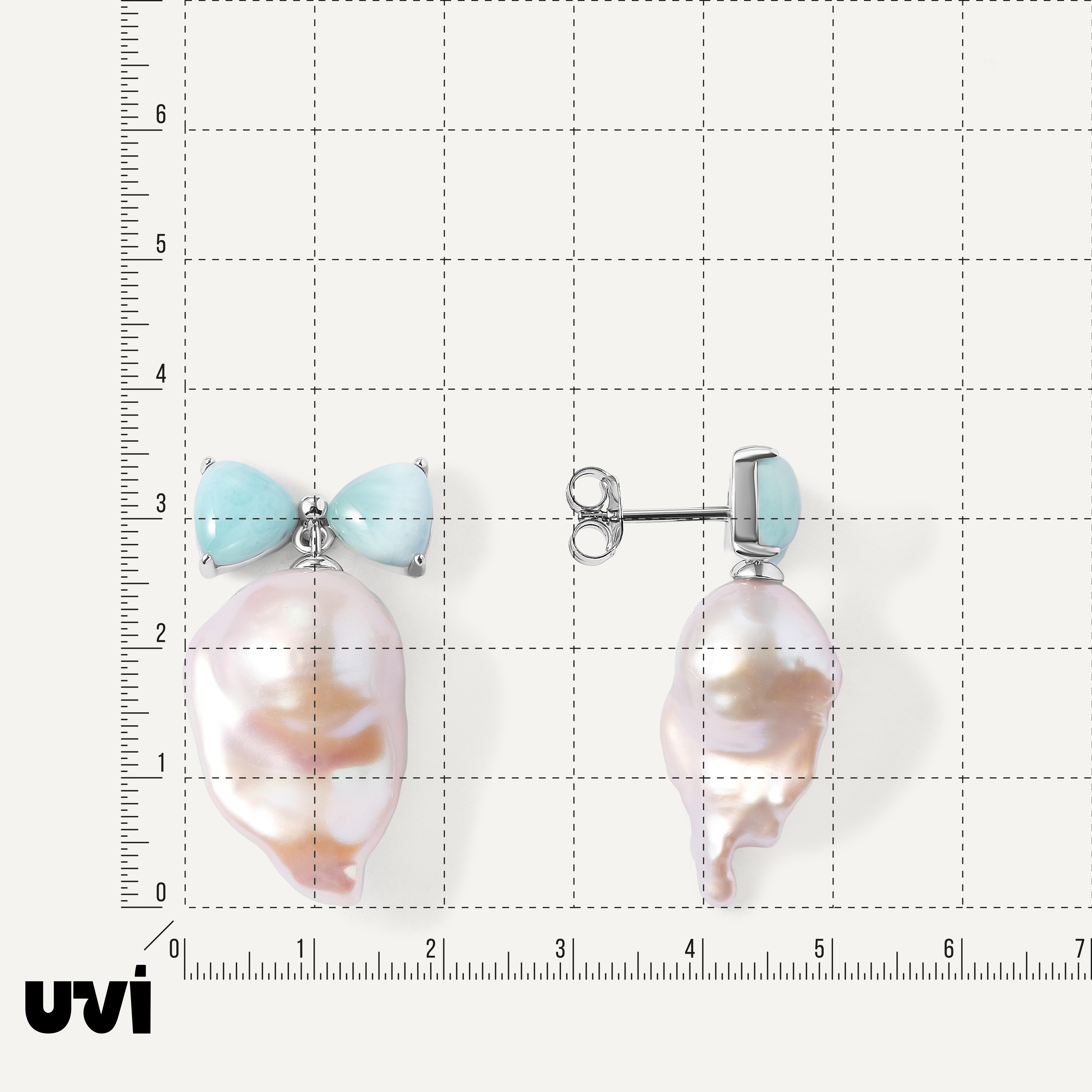 Серебряные серьги-пусеты с ларимарами и жемчугом Барокко