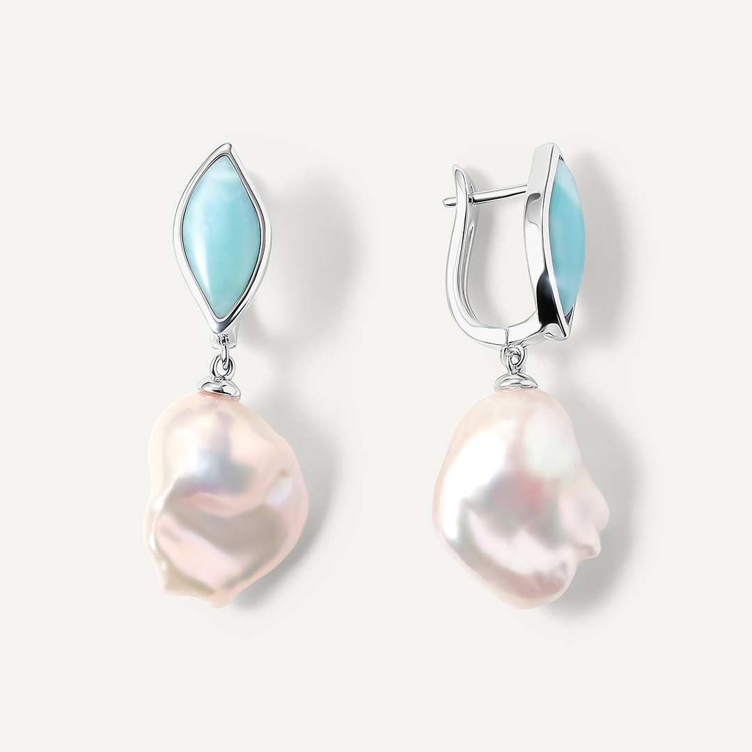 Серебряные серьги с ларимарами и жемчугом Барокко