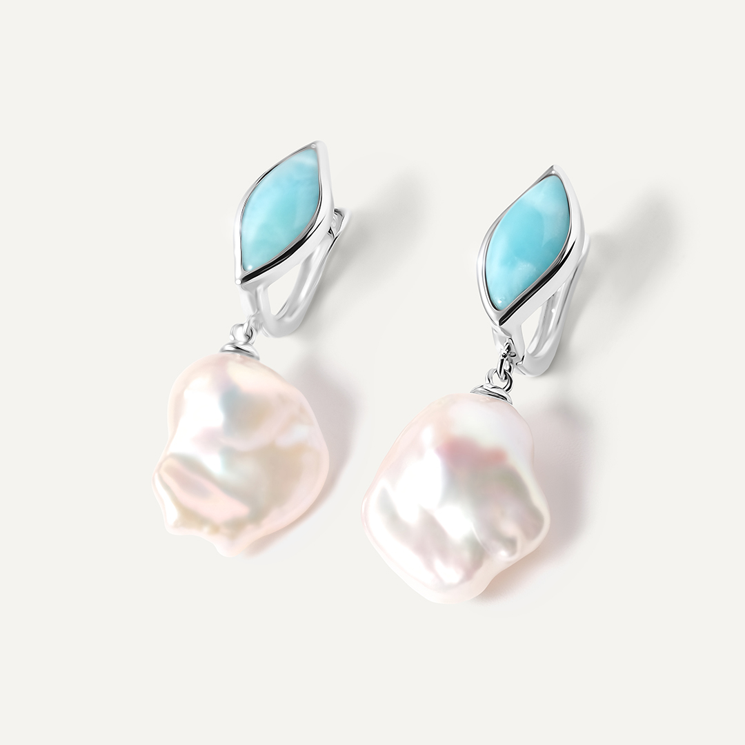 Серебряные серьги с ларимарами и жемчугом Барокко