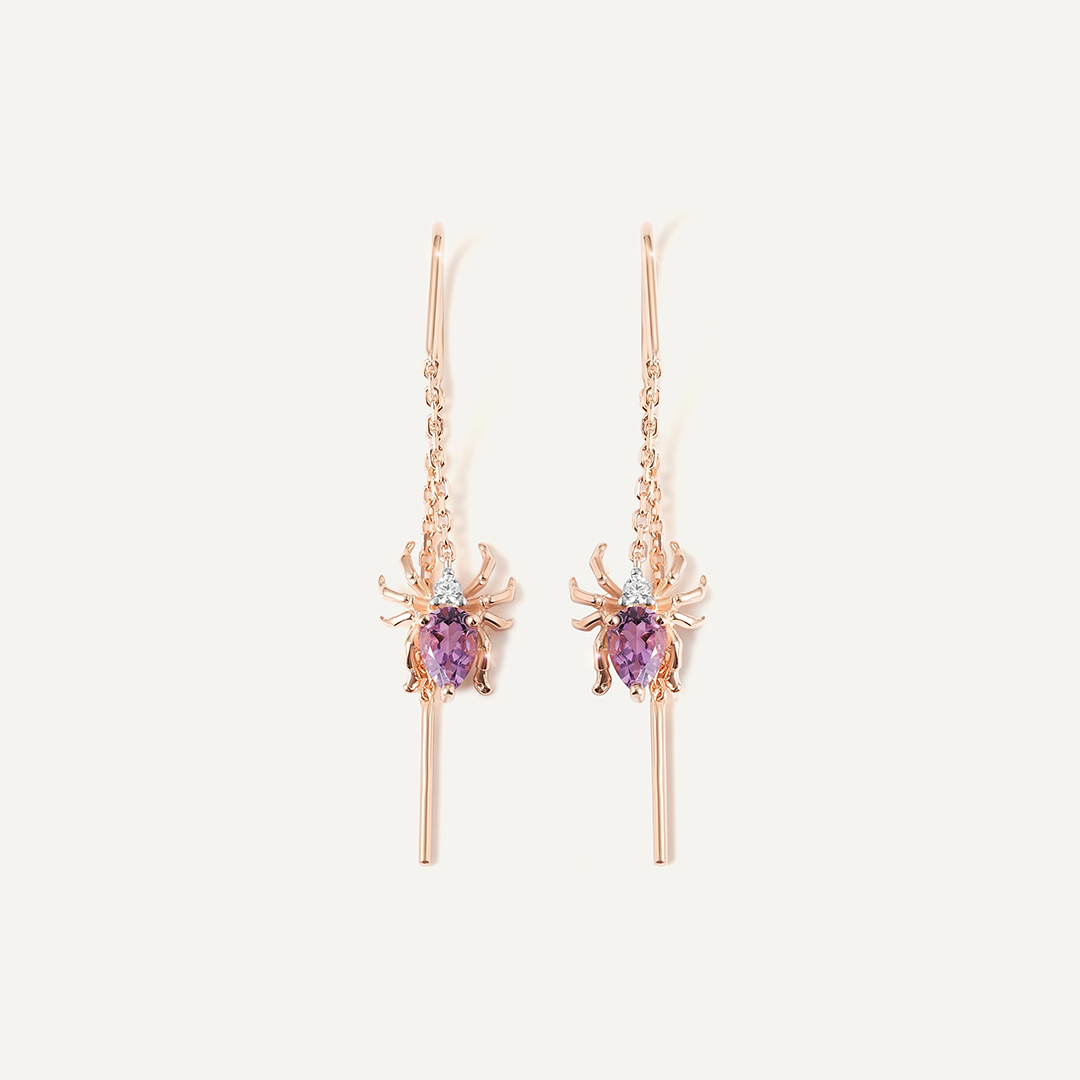 Серебряные серьги-протяжки с аметистами "Пауки"