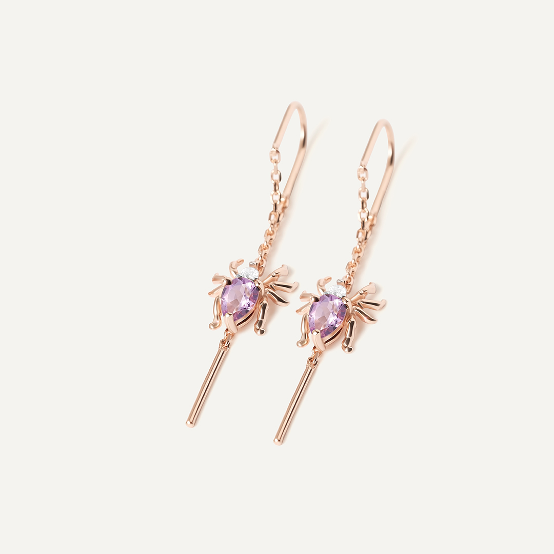 Серебряные серьги-протяжки с аметистами "Пауки"
