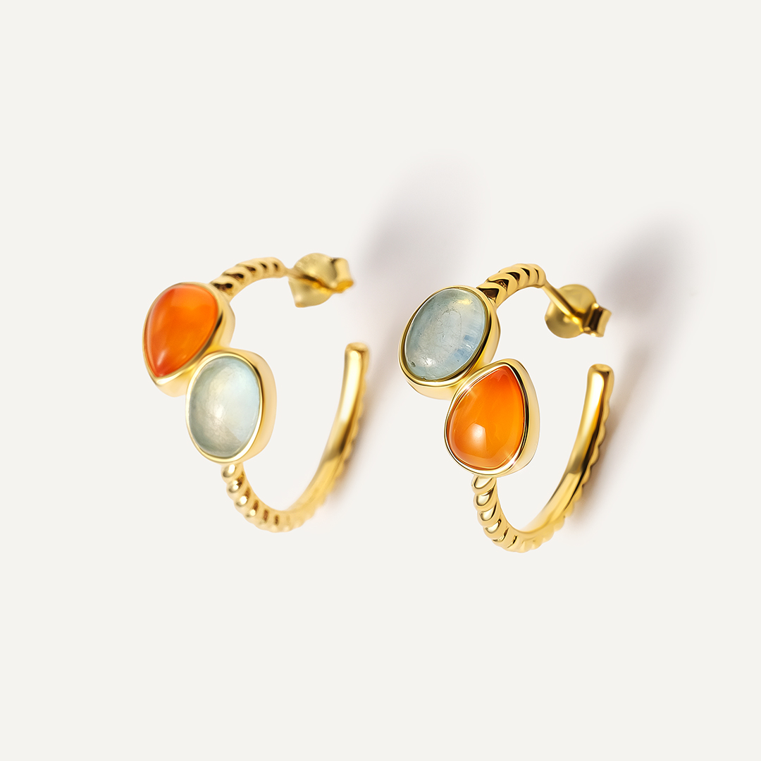 Серебряные серьги-конго с аквамаринами и халцедонами