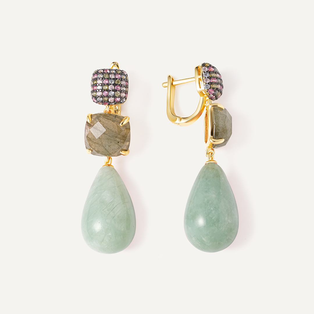 Серебряные серьги с нефритами и лабрадоритами