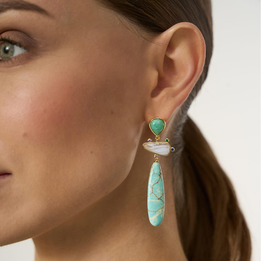 Серебряные серьги с бирюзой, амазонитами и агатами