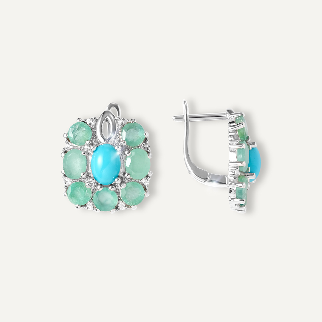 Серебряные серьги с бирюзой и изумрудами