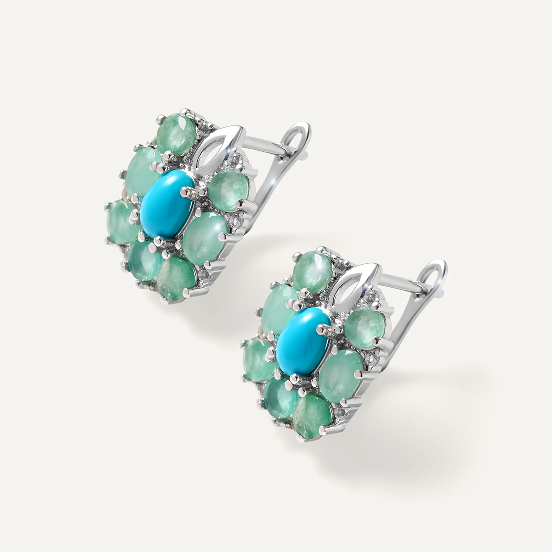 Серебряные серьги с бирюзой и изумрудами