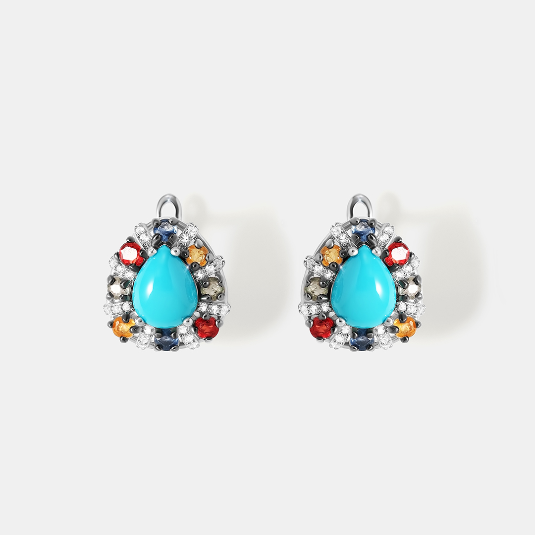Серебряные серьги с бирюзой и мультисапфирами