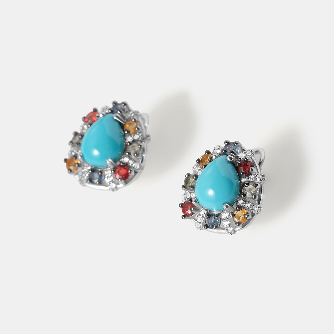 Серебряные серьги с бирюзой и мультисапфирами