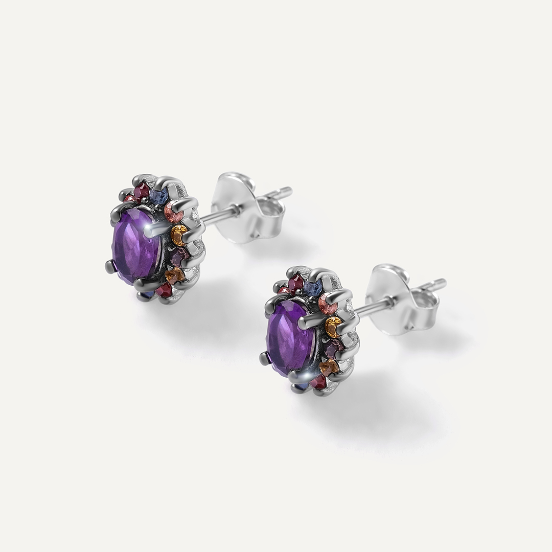 Серебряные серьги-пусеты с аметистами и мультисапфирами