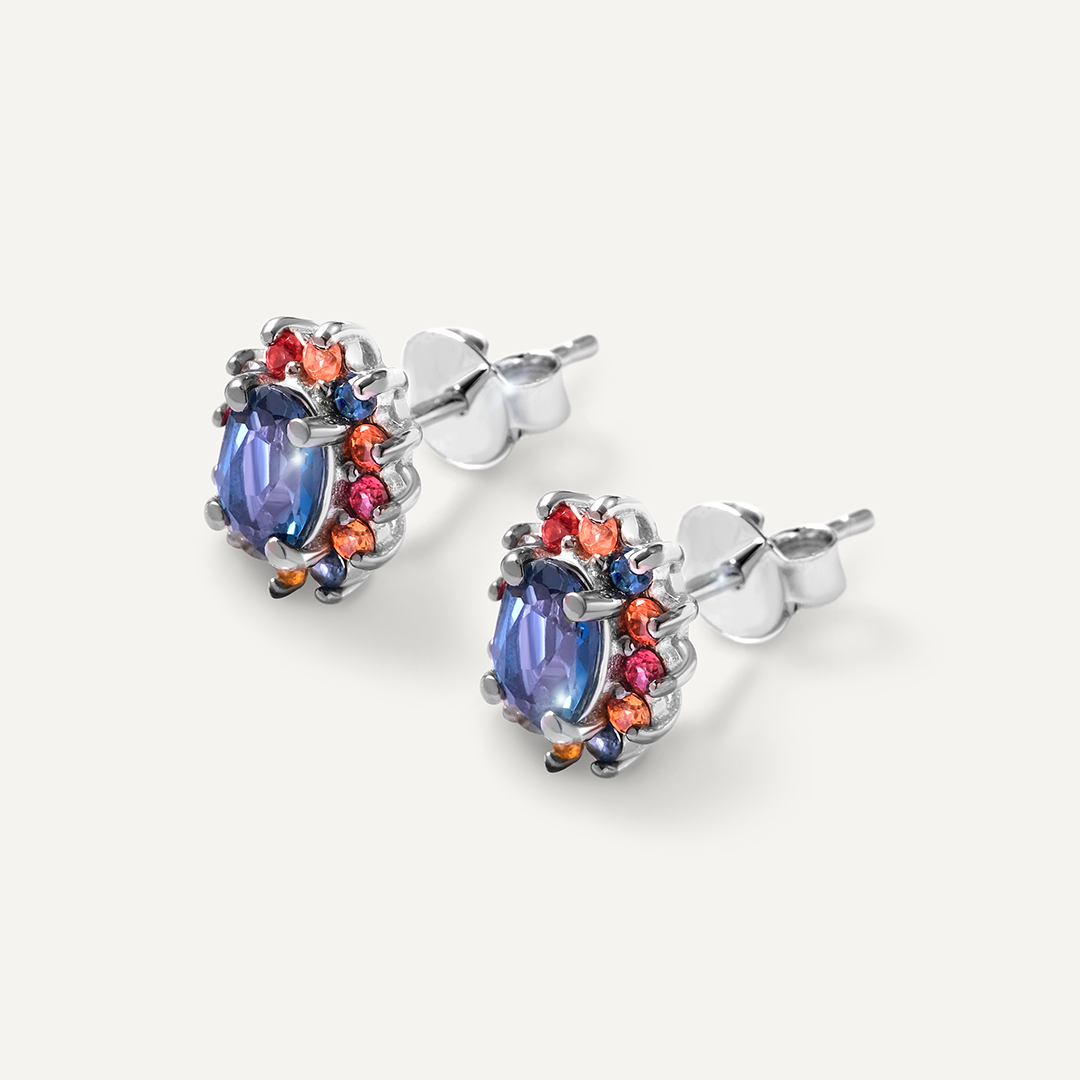 Серебряные серьги-пусеты с топазами Лондон и мультисапфирами