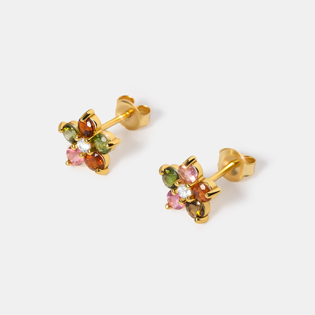 Серебряные серьги-пусеты с турмалинами "Цветы"