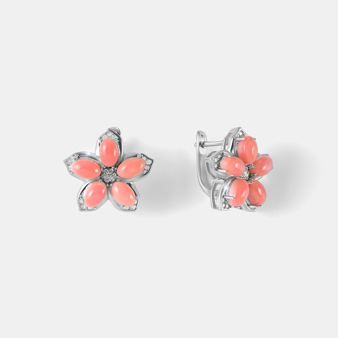 Серебряные серьги с кораллами "Цветы"