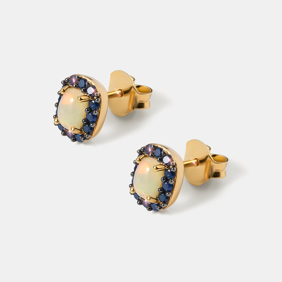 Серебряные серьги-пусеты с опалами и сапфирами