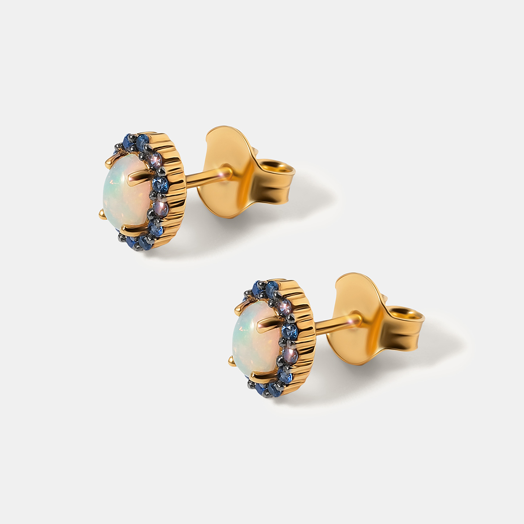 Серебряные серьги-пусеты с опалами и сапфирами