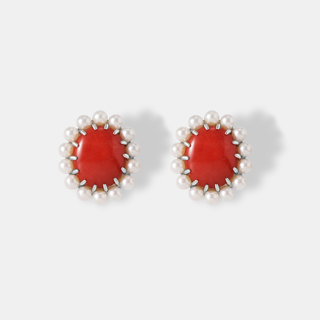 Серебряные серьги с кораллами Салмон и жемчугом