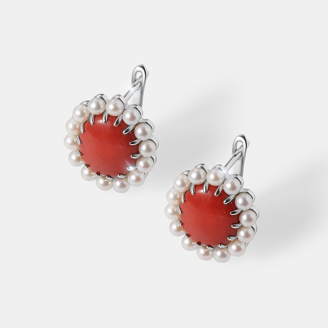 Серебряные серьги с кораллами Салмон и жемчугом