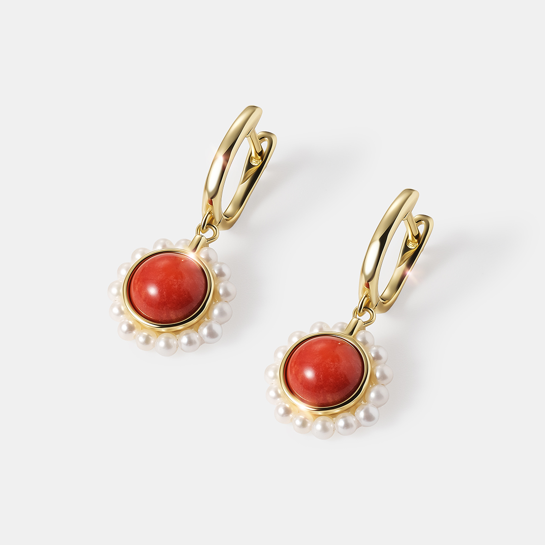 Серебряные серьги с кораллами Салмон и жемчугом