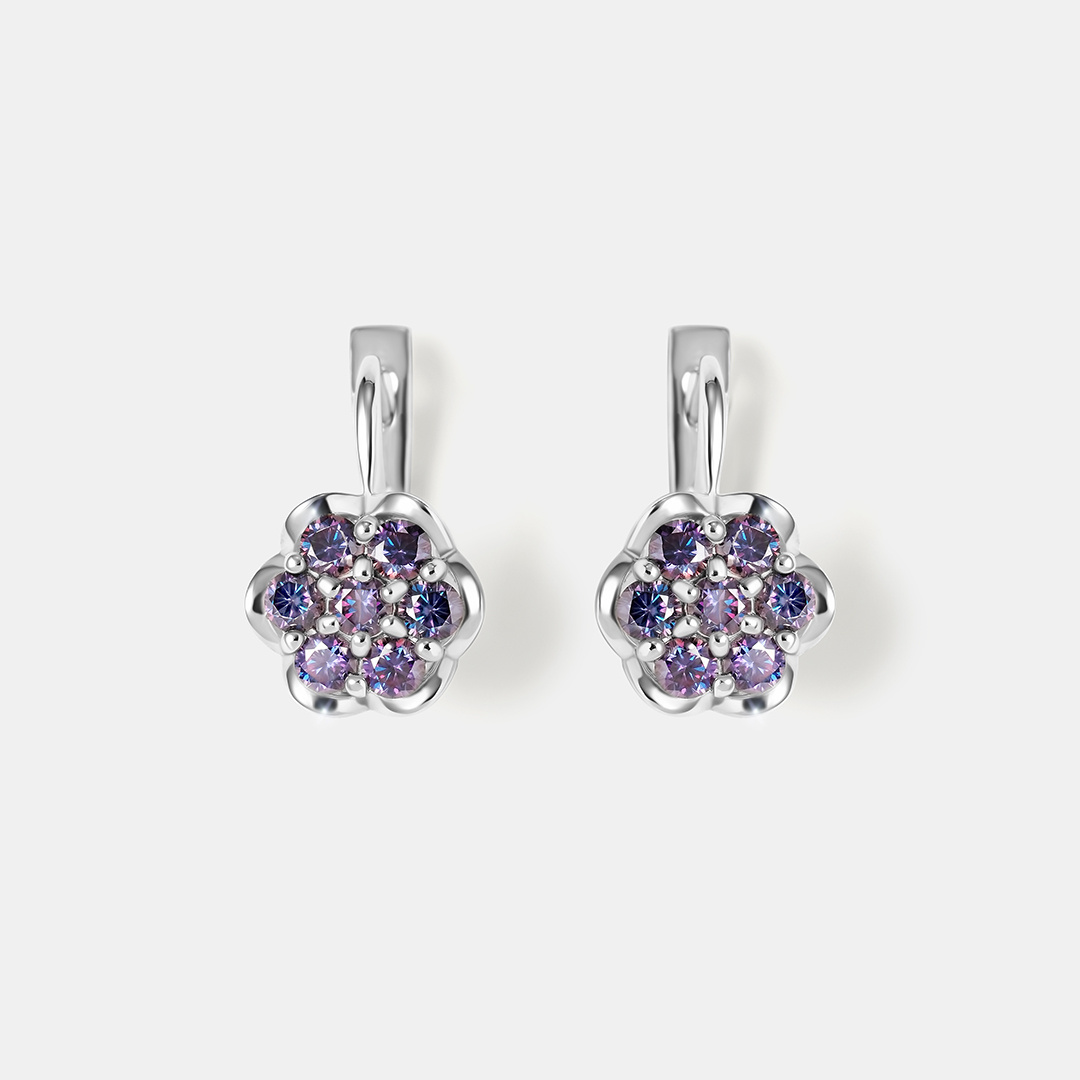 Серебряные серьги с фиолетовыми муассанитами "Цветы"