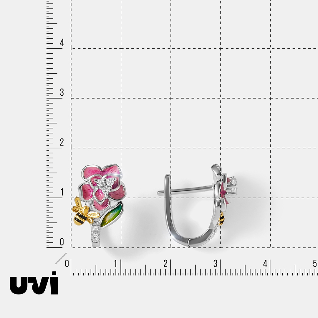 Серебряные серьги с кубическим цирконием и эмалью "Цветы"