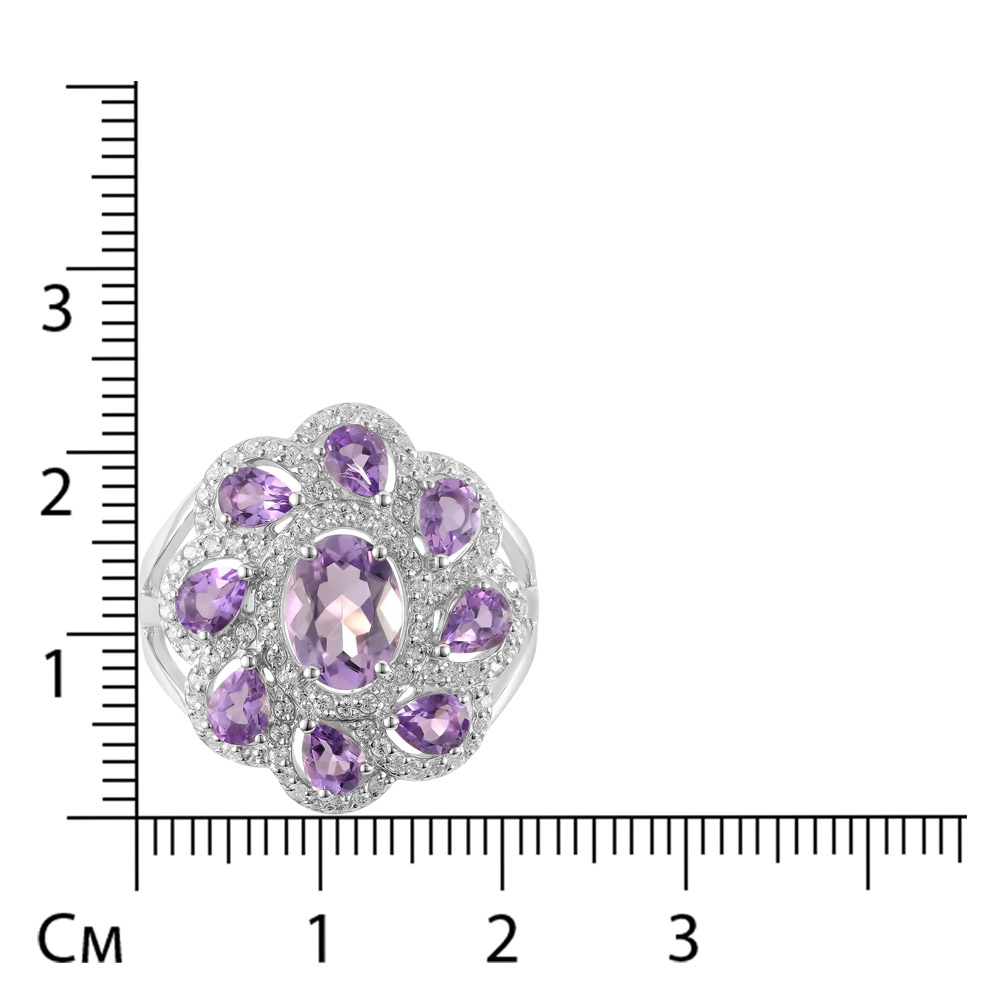 Серебряное кольцо 925 пробы; вставки 9 Аметист; 96 Фианит бесцв.;