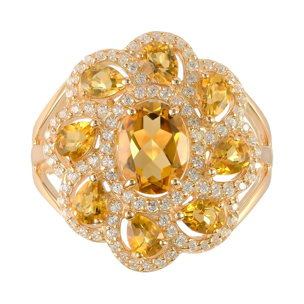 Серебряное кольцо 925 пробы; вставки 9 Цитрин; 96 Фианит бесцв.;