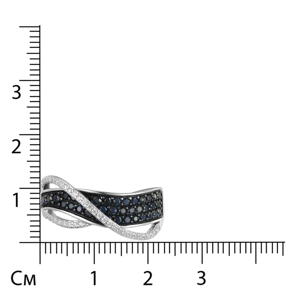 Серебряное кольцо 925 пробы; родий (бел., черн.); вставки 36 Сапфир(U) 5/6 0,9; 37 Фианит бесцв.;