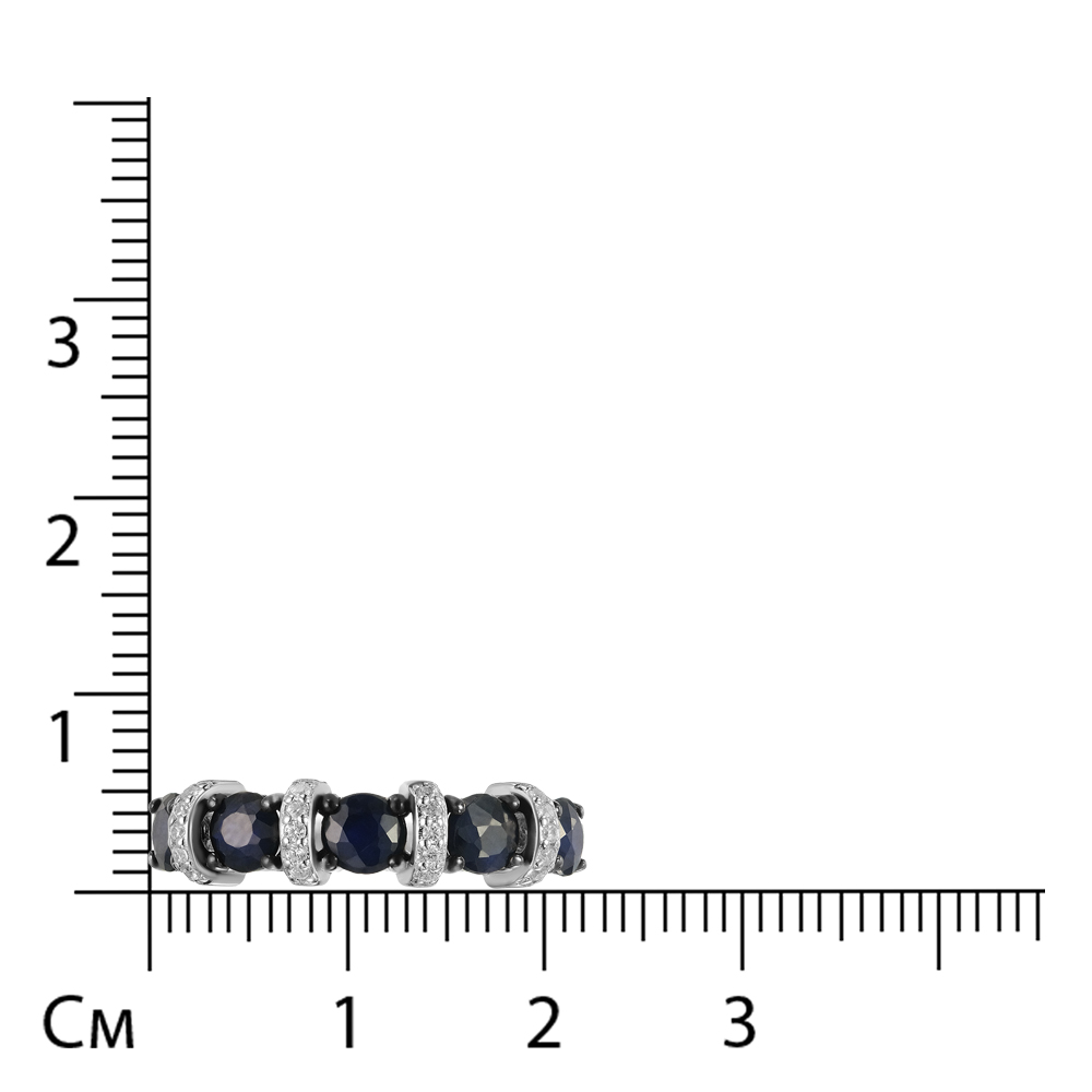 Серебряное кольцо 925 пробы; родий (бел., черн.); вставки 5 Сапфир U 5/6 1,85; 20 Фианит бесцв.;
