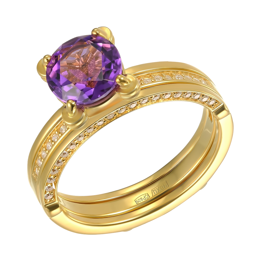 Серебряное кольцо 925 пробы; 2 в 1; вставки 1 Аметист; 71 Фианит бесцв.;