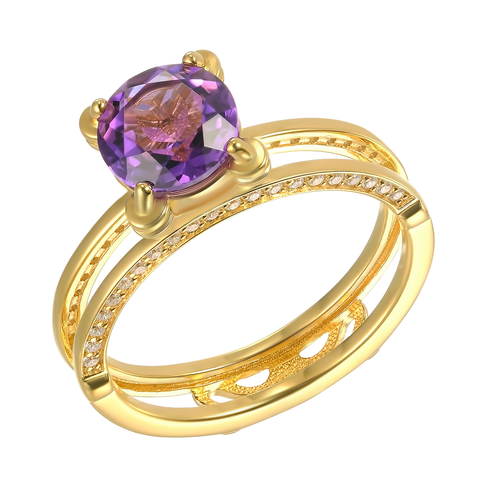 Серебряное кольцо 925 пробы; 2 в 1; вставки 1 Аметист; 71 Фианит бесцв.;