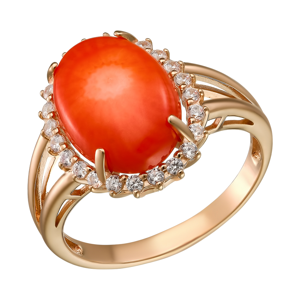 Серебряное кольцо 925 пробы; вставки 1 Коралл пресс. красный; 24 Фианит бесцв.;