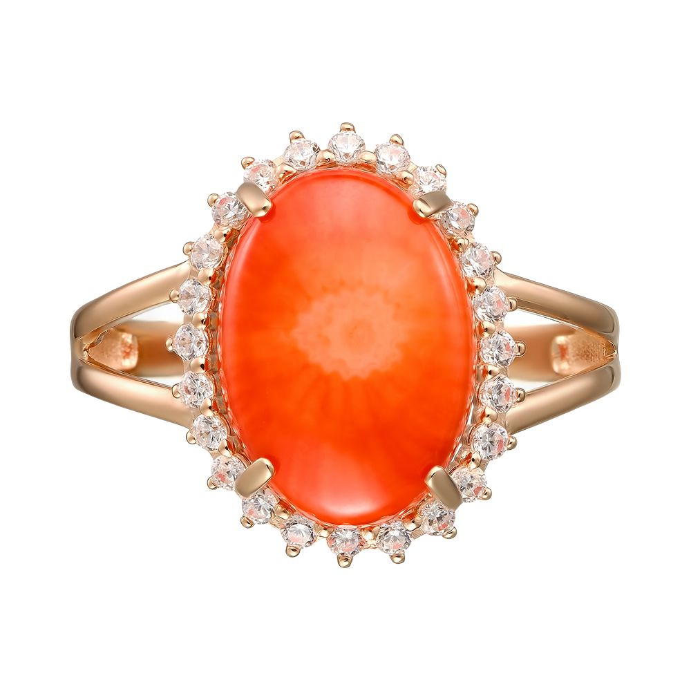 Серебряное кольцо 925 пробы; вставки 1 Коралл пресс. красный; 24 Фианит бесцв.;