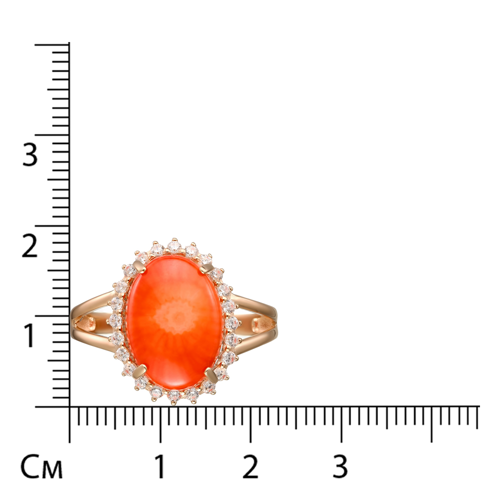 Серебряное кольцо 925 пробы; вставки 1 Коралл пресс. красный; 24 Фианит бесцв.;