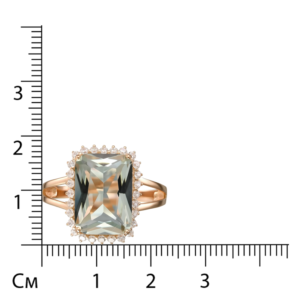 Серебряное кольцо 925 пробы; вставки 1 Празиолит; 28 Фианит бесцв.;