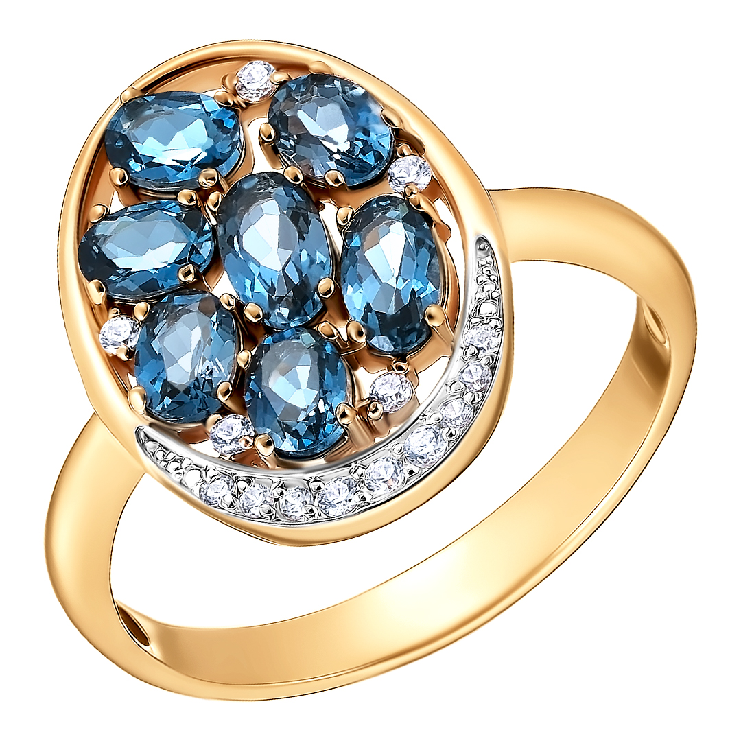 Серебряное кольцо 925 пробы; вставки 7 Топаз Лондон; 14 Фианит бесцв.;