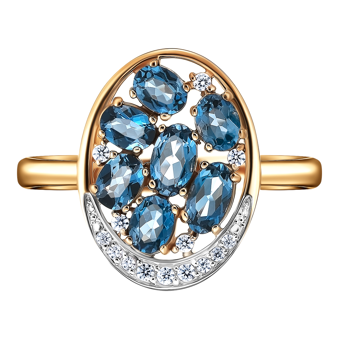 Серебряное кольцо 925 пробы; вставки 7 Топаз Лондон; 14 Фианит бесцв.;