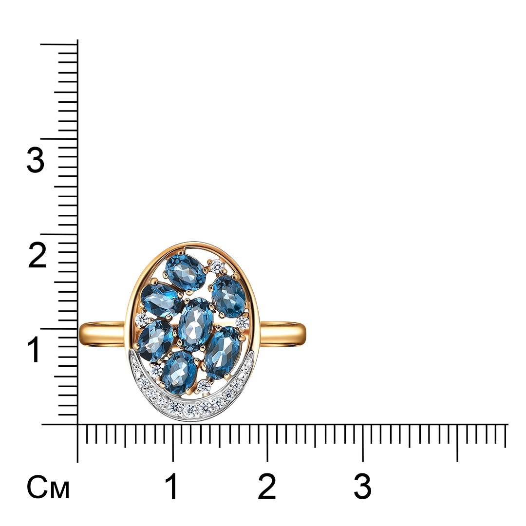 Серебряное кольцо 925 пробы; вставки 7 Топаз Лондон; 14 Фианит бесцв.;